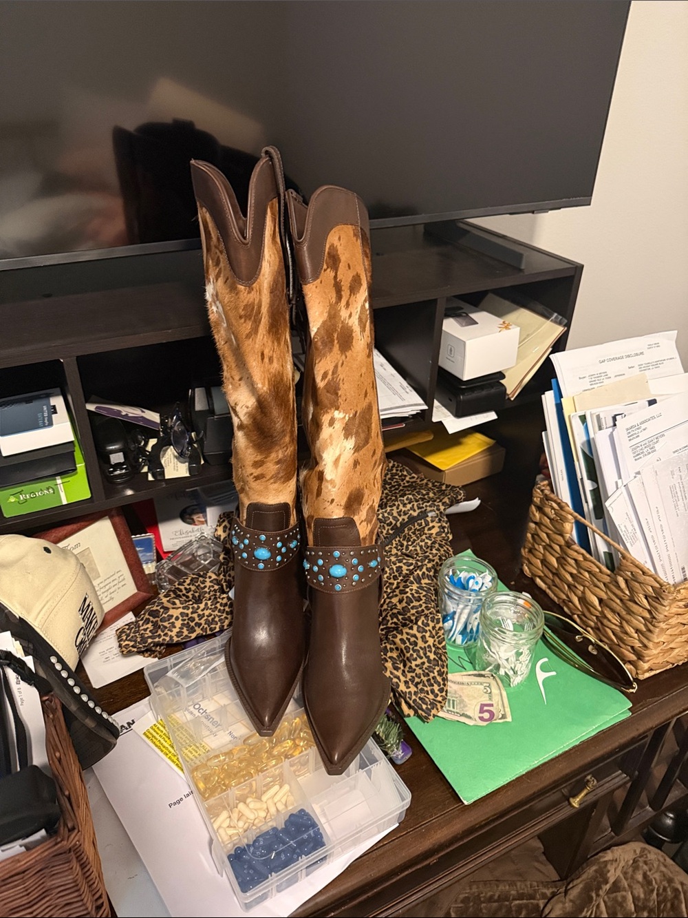 Steve Madden Brown and Tan Cowhide Western Heeled Boots with Turquoise Studs